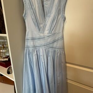 Light Blue Lace-Trim V-Neck Midi Dress